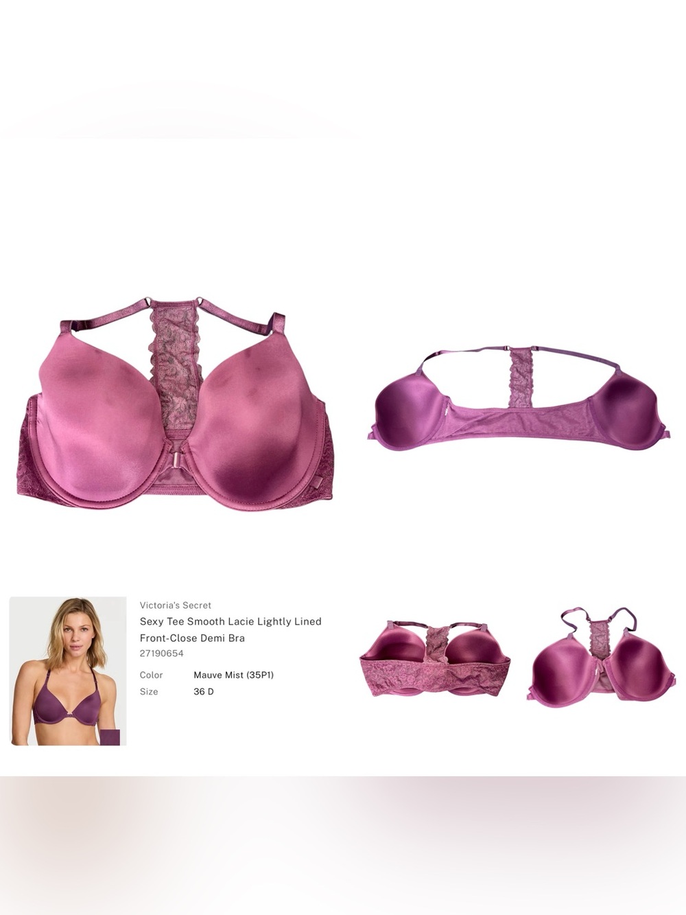 Victoria's Secret Mauve Mist Lace-Back Front-Close Demi Bra